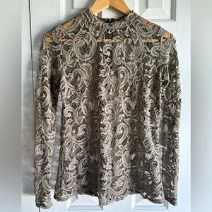 Free Kisses Sheer Lace top.  Olive green w/ zipper up the back Sz M
